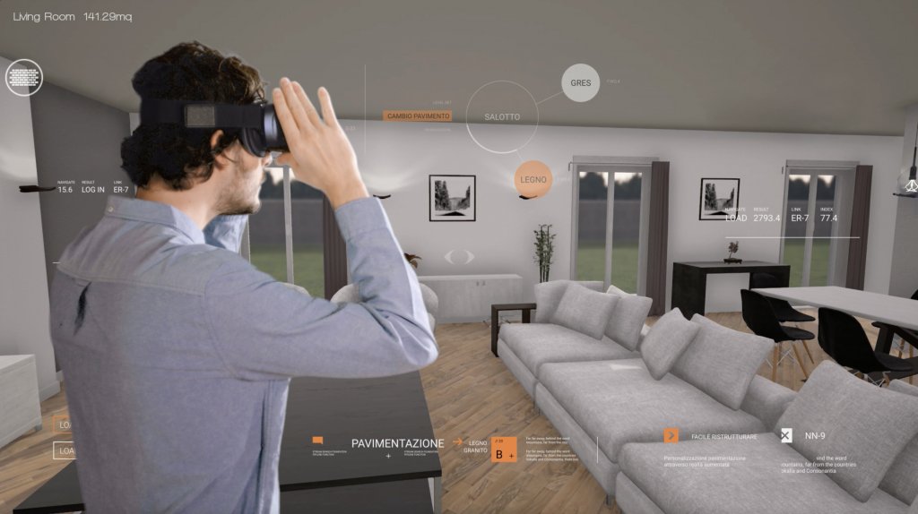 Uomo con visore realtà virtuale in soggiorno accessori domotica