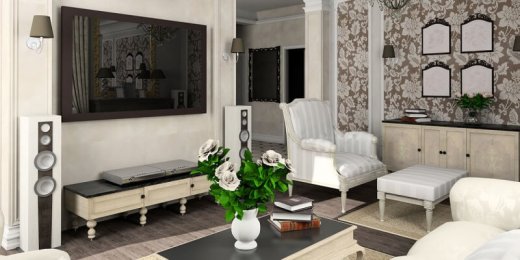 Soggiorno moderno con pavimento in parquet