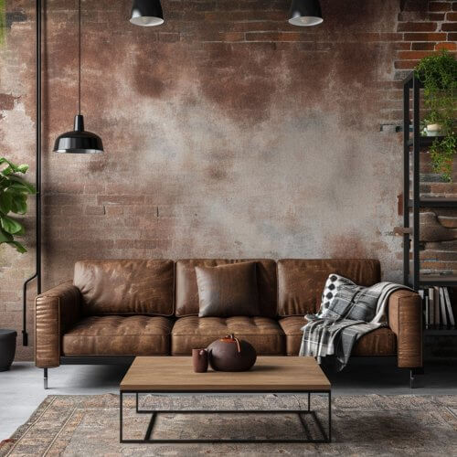 arredare casa stile industriale soggiorno industrial con divano marrone