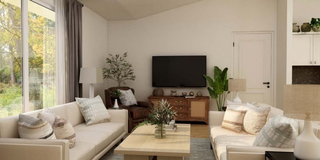 6 Colori per 6 Stili | Facile Ristrutturare Soggiorno mode con colori neutri e divano bianco e beige. Salone stile minimal con mobile in legno porta tv