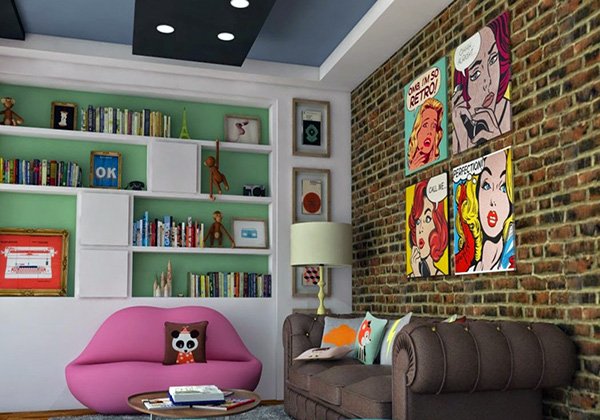 I consigli di Paola Marella per una casa dal Living stile pop art con quadri di fumetti e poltrona rosa a forma di bocca