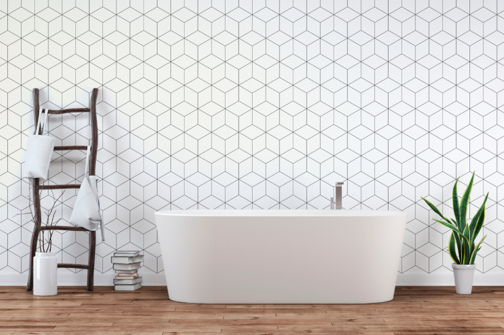 Carta da parati: che passione! Scopri come sceglierla per la tua casa! | Facile Ristrutturare carta da parati in bagno con fantasia geometrica.