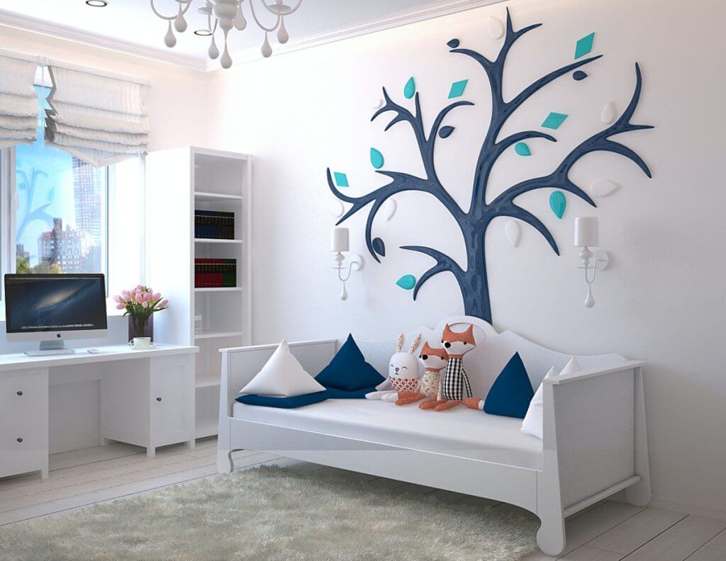 Cameretta dei bambini: idee per la ristrutturazione | Facile Ristrutturare Idee Cameretta dei bambini con letto e scrivania bianca e tappeto peloso.