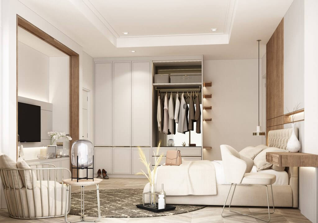 Camera da letto colore beige con armadio rifiniture in legno