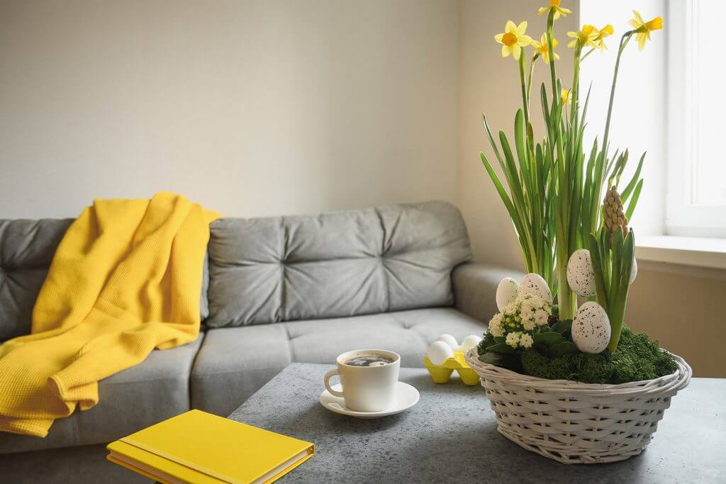 Soggiorno con fiori sul tavolo e coperta gialla