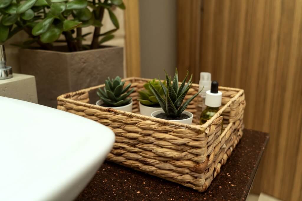 Ad ogni stanza la sua pianta! Come arredare casa con le piante da interni | Facile Ristrutturare Lavandino del bagno con cesto in vimini e piante grasse