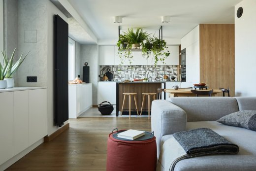 Soggiorno con piante da interno, piante da appartamento divano e parquet