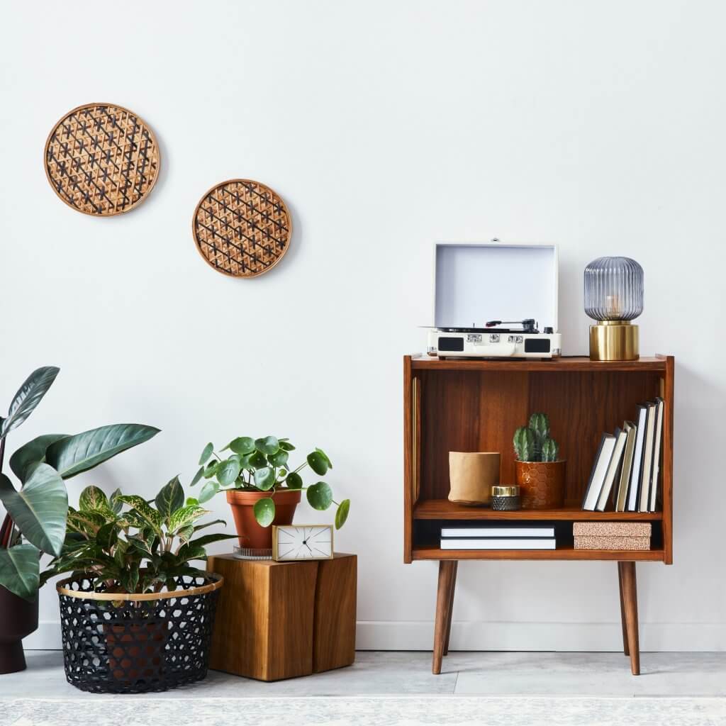 Ad ogni stanza la sua pianta! Come arredare casa con le piante da interni | Facile Ristrutturare Soggiorno con mobile vintage in legno e piante laterali
