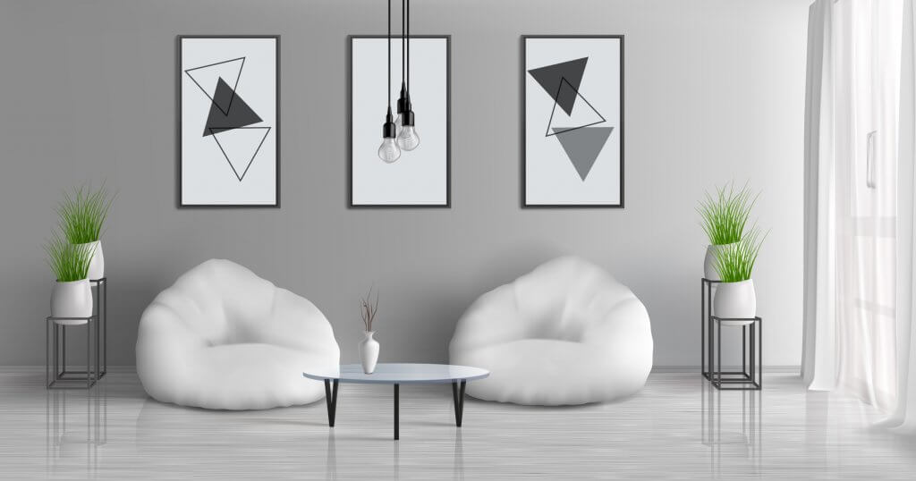 Tende per il living: la giusta scelta per l'estate | Facile Ristrutturare Soggiorno bianco con quadri dietro, tavolo in vetro e pavimento in parquet chiaro con finestra laterale