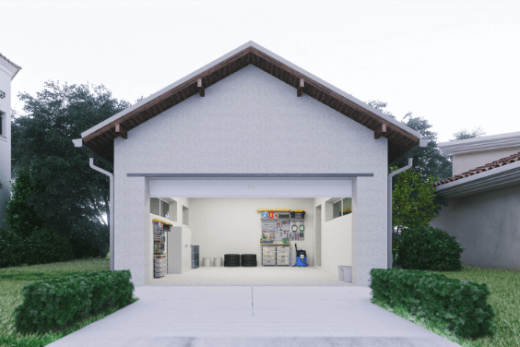 Casa con giardino con garage aperto