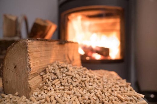 Stufa a pellet con legno e fuoco