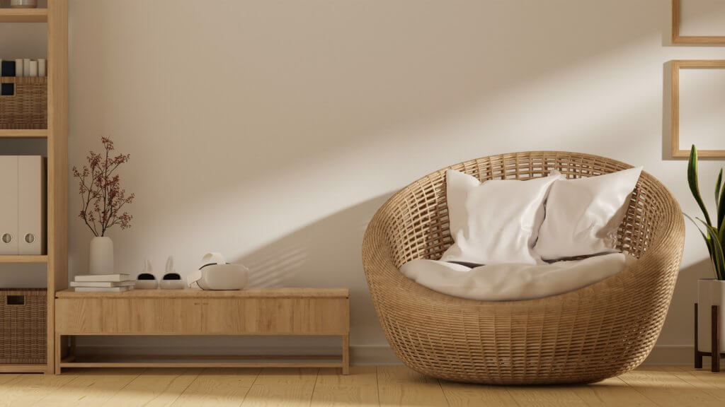 Arredare casa in stile natural chic | Facile Ristrutturare Soggiorno con sedia in rattan e cuscini, pavimento e mobile in legno