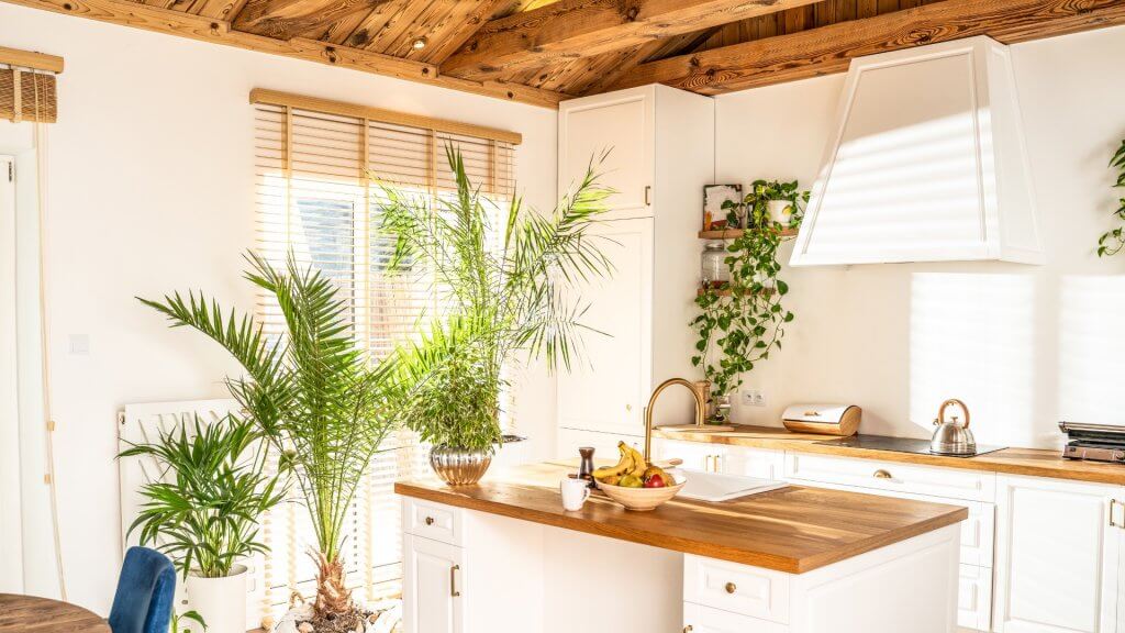 Arredare casa in stile natural chic | Facile Ristrutturare Cucina con rivestimenti in legno, fornelli e piante laterali