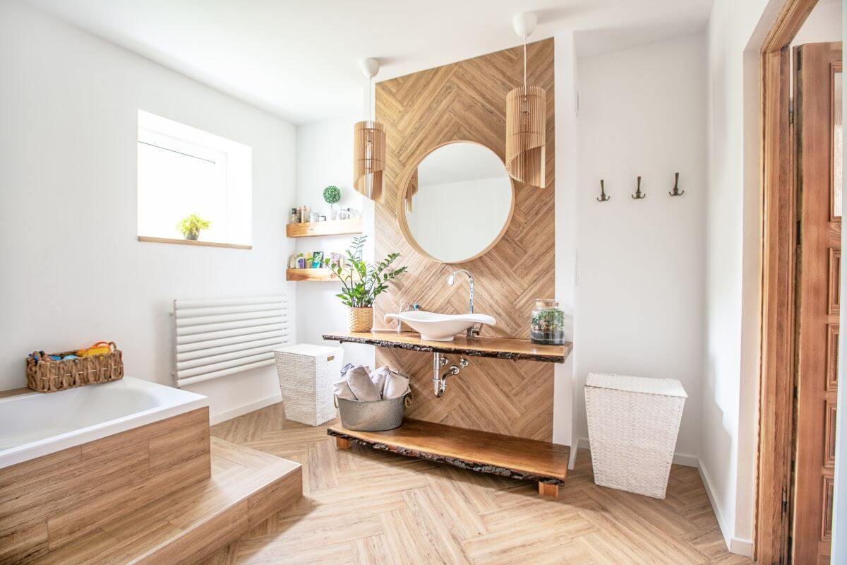 Tendenze bagno 2023 bagno moderno rivestito in legno e parquet