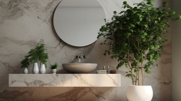 bagno in muratura con lavandino sospeso e specchio rotondo