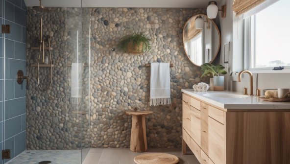 Stile nordico: il fascino intramontabile delle geometrie lineari | Facile Ristrutturare bagno in stile nordico scandinavo con parete in pietra e box doccia