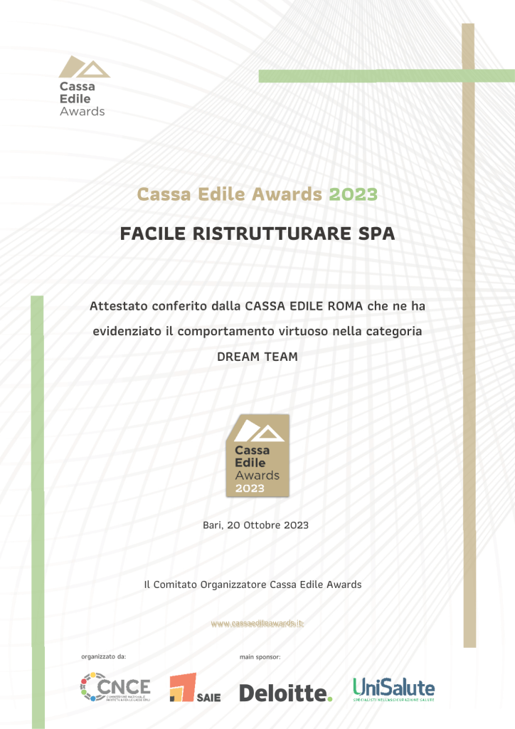 Facile Ristrutturare ottiene la certificazione Dream Team da Cassa Edile Roma | Facile Ristrutturare Questa immagine ha l'attributo alt vuoto; il nome del file è CassaEdile_attestato_2023-724x1024.png
